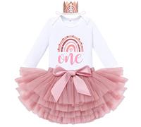 IBTOM CASTLE Cake Smash Outfit 1st Birthday Girl Rainbow Romper + Tutu Skirt + Headband 3pcs Set Two Year Old Girl Dress Photo Shoot Clothes (One+crown Long Sleeves, 1 Year)