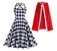 IBTOM CASTLE Cindy Lou Who Costume Adult Women Christmas Dress Costume, Mrs Santa Claus Sleeveless A-line Gingham with Velvet Cloak Xmas Party Up Outfit Dress+Cape L (1014)