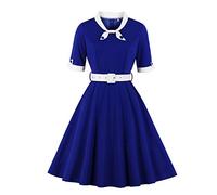 IBTOM CASTLE Cocktail Dress for Women, Vintage Short Sleeve A-line 1940s 1950s Dress Fit and Flared Dress Retro Bow Tie Swing Dresses with Belt for Wedding Guest Summer Party Royal Blue+White S