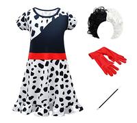 IBTOM CASTLE Cruella Deville 101 Dalmatian Dog Dress Party Movie Character Birthday Gown Coat +Wig+Gloves+Cigarette Holder 4PCS Outfit White-leaf 2-3 Years