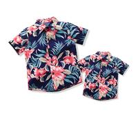 IBTOM CASTLE Daddy and Me Matching Outfits Father and Son Matching Shirts Top Boys Boho Floral Print Summer Beach Hawaiian Vacation Outfit Blue-Tropical-Flower 3XL