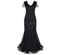 IBTOM CASTLE Flapper Dresses 1920s Gatsby - Womens Vintage V Neck Art Deco Beaded Sequin Mermaid Hem Formal Evening Party Dresses Plus Size Cocktail Maxi Gown Prom Halloween Fancy Dress Costume Black