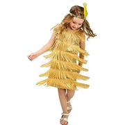 IBTOM CASTLE Flapper Party Dress for Girl: Kid Vintage 1920s Sparkle Sequins Outfits Tassels Sleeveless Latin Dance Dress Performance Ballroom Costume with Feather Headwear Gold 4-6 Years