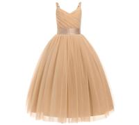 IBTOM CASTLE Flower Girls Tutu Dress Spaghetti Straps Party Dress Wedding Pageant Bridesmaid V-Nevk Dress Girl Pirncess Prom Birthday Dance First Communion Ball Gown Straps-Champagne 6-7 Years