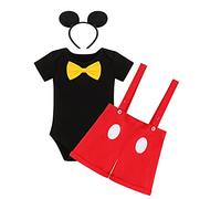 IBTOM CASTLE Gentleman First Birthday Cake Smash Photo Prop Mickey Outfits for Baby Boys Formal Suit Romper+Bow Tie+Suspenders Overalls Bib Pants Shorts Mouse Ears Headband Black 6 6-12 Month