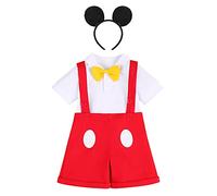 IBTOM CASTLE Gentleman First Birthday Cake Smash Photo Prop Mickey Outfits for Baby Boys Formal Suit Romper+Bow Tie+Suspenders Overalls Bib Pants Shorts Mouse Ears Headband White 2 0-6 Month