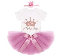 IBTOM CASTLE Half Birthday Outfit Girls, 1/2 Birthday Dress Crown Romper Tulle Tutu Skirt for Girls Headband Princess Dress 3pcs Set for Birthday Cake Smash Photoshoot Dusty Pink 6-9 Months