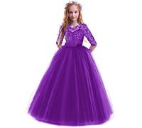 IBTOM CASTLE Kids Big Girls Bridesmaid Tulle Lace School Girls Elegant A Line Communion Ball Gown Dance Pageant Birthday Party Prom Evening Wedding Maxi Dress Floor Length 2-14 Years Purple-Rose