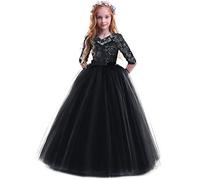 IBTOM CASTLE Kids Big Girls Bridesmaid Tulle Lace School Girls Elegant A Line Communion Ball Gown Dance Pageant Birthday Party Prom Evening Wedding Maxi Dress Floor Length 2-14 Years Black-Rose