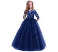 IBTOM CASTLE Kids Big Girls Bridesmaid Tulle Lace School Girls Elegant A Line Communion Ball Gown Dance Pageant Birthday Party Prom Evening Wedding Maxi Dress Floor Length 2-14 Years