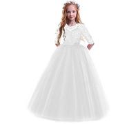 IBTOM CASTLE Kids Big Girls Bridesmaid Tulle Lace School Girls Elegant A Line Communion Ball Gown Dance Pageant Birthday Party Prom Evening Wedding Maxi Dress Floor Length 2-14 Years White-Rose