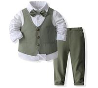 IBTOM CASTLE Kids Boys Gentleman Suits Shirt Long Sleeve Vest Pants Bow Tie Baby Toddler Tuxedo Clothing Set Party Formal Wedding Birthday Outfits Gowns Olive 18-24 Months