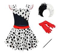 IBTOM CASTLE Kids Girls Cruella Deville 101 Dalmatian Dog Dress Party Movie Character Birthday Gown+Wig+Gloves+The Pole 5PCS Outfit White-ruffle 3-4 Years