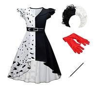IBTOM CASTLE Kids Girls Cruella Deville 101 Dalmatian Dog Dress Party Movie Character Birthday Gown+Wig+Gloves+The Pole 5PCS Outfit White-hilo 7-8 Years