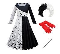 IBTOM CASTLE Kids Girls Cruella Deville Costume 101 Dalmatian Dog Dress Halloween Carnival Cosplay Fancy Dress Up Party Movie Character Birthday Gown Coat 4PCS Outfit Black+white-Long 9-10 Years