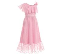 IBTOM CASTLE Kids Girls One Shoulder Bead Princess Dress Polka Dot Ruffle Mesh Tulle Dress Wedding Flower Girl Pageant Dress Birthday Hoilday Ball Gown Pink 11-12 Years