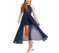 IBTOM CASTLE Kids Girls Wedding Pageant Maxi Romper Dress Flower Girl Sleeveless Lace Sparkling Rhinestone Dress with Short Pirncess Birthday Party Formal Prom Gown Blue-Rhinestone 13-14 Years