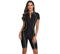 IBTOM CASTLE Ladies One Piece Rash Guard Short Swimsuit Long Sleeve/Short Sleeve Women's Rash Guard One Piece Swimwear Rash Guard Boyleg with Zip Bathing Suit Surfing Diving Short Sleeve Green Line M