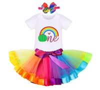 IBTOM CASTLE Melon One Year Old Birthday Outfit For Baby Girls Cotton Bodysuit + Rainbow Princess Tulle Tutu Skirt + Bowknot Headband First Birthday Cake Smash Photo Props Clothes Rainbow-One 1Year
