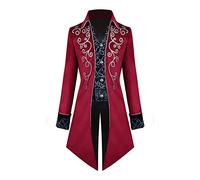 IBTOM CASTLE Mens Steampunk Tailcoat Jacket, Vintage Medieval Embroidery Long Sleeve Button Down Coat Victorian Renaissance Gothic Retro Christmas Party Embroidery&Red L
