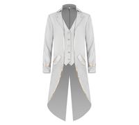 IBTOM CASTLE Mens Steampunk Tailcoat Jacket, Vintage Medieval Embroidery Long Sleeve Button Down Coat Victorian Renaissance Gothic Retro Christmas Party Trimming&White M