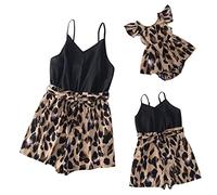 IBTOM CASTLE Mommy and Me Dress Girl Boho Summer Beach Casual Jumpsuit Romper Floral V Neck Jumpsuit Mom Daughter Family Matching Outfit Leopard Black 4-5 Years