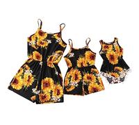 IBTOM CASTLE Mommy and Me Dress Girl Boho Summer Beach Casual Jumpsuit Romper Floral V Neck Jumpsuit Mom Daughter Family Matching Outfit Sunflower Black 8-9 Years