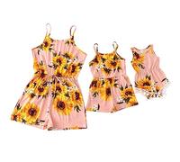 IBTOM CASTLE Mommy and Me Dress Girl Boho Summer Beach Casual Jumpsuit Romper Floral V Neck Jumpsuit Mom Daughter Family Matching Outfit Sunflower Pink M
