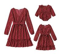 IBTOM CASTLE Mommy and Me Matching Dress Long Sleeve Swing Dress Floral Split Ruffled Boho Casual Dress Family Matching Mother Daughter Outfit Red Leopard S
