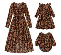IBTOM CASTLE Mommy and Me Matching Dress Long Sleeve Swing Dress Floral Split Ruffled Boho Casual Dress Family Matching Mother Daughter Outfit Brown Leopard 3-4 Years