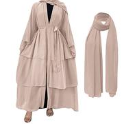 IBTOM CASTLE Muslim Chiffon Abaya for Women, Open Front Kaftan Dress with Hijab Scarf Dubai Middle East Arabian Robe Islamic Full Length Casual Dress Loose Long Sleeve Cardigan Apricot M