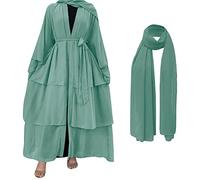 IBTOM CASTLE Muslim Chiffon Abaya for Women, Open Front Kaftan Dress with Hijab Scarf Dubai Middle East Arabian Robe Islamic Full Length Casual Dress Loose Long Sleeve Cardigan Mint Green M