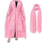 IBTOM CASTLE Muslim Chiffon Abaya for Women, Open Front Kaftan Dress with Hijab Scarf Dubai Middle East Arabian Robe Islamic Full Length Casual Dress Loose Long Sleeve Cardigan Pink S