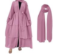 IBTOM CASTLE Muslim Chiffon Abaya for Women, Open Front Kaftan Dress with Hijab Scarf Dubai Middle East Arabian Robe Islamic Full Length Casual Dress Loose Long Sleeve Cardigan Rose Pink XXL