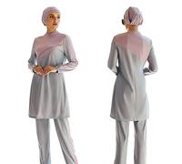IBTOM CASTLE Muslim Swimming Costume for Women, Burkini Modest Swimwear Full Coverage Long Floral Print Islamic Hijab 3pcs Set Ladies Beachwear Surfing Clothes Grey - Pink 2 M