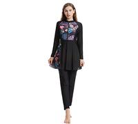 IBTOM CASTLE Muslim Swimming Costume for Women, Modest Simwear Full Covered Burkini Swimsuits 3pcs Long Sleeve Zipper Top Swimming Skirt+Pants+Hijab Full Body Islamic Swimsuit Black-Floral L