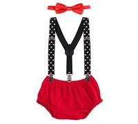 IBTOM CASTLE Newborn Baby Boys Toddlers Cake Smash Outfit Shorts Bloomers Bowtie adjustable Elastic Y Back Suspenders Photo Props Children Kids Unisex Braces 3pcs Set Red+Star Black one size