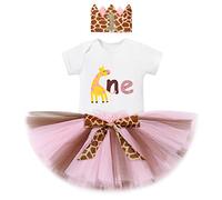 IBTOM CASTLE Newborn Baby Girl 1st Birthday Cake Smash Outfit Giraffe Themed Short Sleeve Romper+Rainbow Tutu Skirt+Crown Headband 3pcs Princess Dress Photo Props Set Giraffe +Crown+One 12-18M