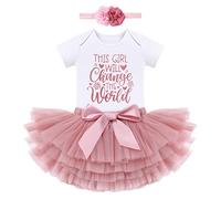 IBTOM CASTLE Newborn Baby Girl Coming Home Outfit Sequin Short Sleeve Romper Princess Tutu Skirt Dress Headband Set Baby Girl Cake Smash Infant Photoshoot Dusty Pink- Change World 0-3 Months