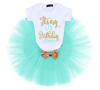 IBTOM CASTLE Newborn Baby Girls It's My 1st/2nd Birthday Cake Smash Outfits Shinny Romper Onesies Ruffle Tutu Skirt Sequins Bow Headband Infant Toddler Princess Tulle Dress Green-1/2 6 Months