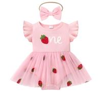 IBTOM CASTLE Newborn Infant Baby Girl Cake Smash Outfit 1st Birthday Romper Dress Strawberry Princess Party Photo Shooting Tutu Skirt Headwear 2pcs Clothes Set Strawberry Pink 9-12 Months