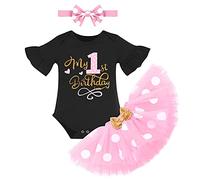 IBTOM CASTLE Newborn Infant Baby Girls My 1st Birthday Outfit Bell Short Sleeve Bodysuit Romper +Polka Dots Tulle Tutu Skirt+Bowknot Headband 3pcs Summer Princess Cake Smash Dress Black+Pink 1 Year