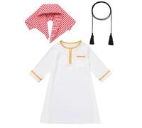 IBTOM CASTLE Newborn Muslim Prayer Outfits Infant Toddlers Baby Boys Eid Outfits Islamic Kaftan+Headscarf+Rope Long/Short Sleeve Abaya Sets Arabic Turban Robe Dubai Prayer Clothing White+Yellow 3-6M