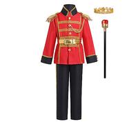 IBTOM CASTLE Prince Charming Boys Kids Royal Prince Outfits Jacket Pants Crown Belt Set World Book Day Party Clothes Red + Black + Crown + Scepter 8-10 Years
