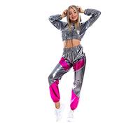 IBTOM CASTLE Rave Clothes for Women Shiny Metallic Long Sleeve Crop Top Hoodie Sweatpants Trousers Holographic Disco Dance Clubwear Futuristic Party Casual Hip Hop Festival Clothes 2pcs Set Gray L