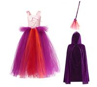 IBTOM CASTLE Sarah Sanderson Kids Girls, Witch Dress Skirt Tutu Skirt Cape Broom Set Birthday Party Outfit Purple 4-5 Years