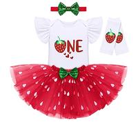 IBTOM CASTLE Strawberry Shortcake Party Decorations, First Birthday Outfit for Baby Girls Ruffle Romper Tutu Skirt Sequin Bowknot Leggings Holiday Hawaiian Clothes Set Red Strawberry-1st 1 Year