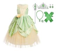 IBTOM CASTLE Tiana Dress for Girls, Kids Princess Tiana Birthday Party Decorations Princess and the Frog Dress Green sleeveless+accessories 7-8 Years
