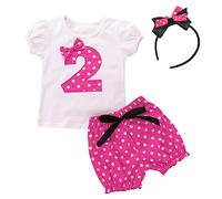 IBTOM CASTLE Toddler Baby Girls 1st 2nd 3rd 4th 5th Birthday Party Cake Smash Outfits Polka Dot Costume T Shirt Tops Pants Headband 3PCS Set Photoshoot Summer Clothes