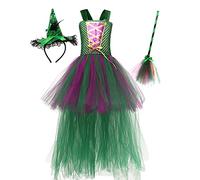 IBTOM CASTLE Winifred Sanderson Costume Sanderson Sisters Costume Kids Girls Witch Skirt Dress + Witch Broom + Hat Halloween Fancy Dress Carnival Outfit Green 8-9 Years
